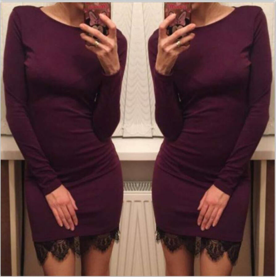 Online discount shop Australia - Bodycon Dress Women Long Sleeve O-neck Lace Patchwork Cotton Casual Mini Dresses Wine Red Vestidos Robe S-XL