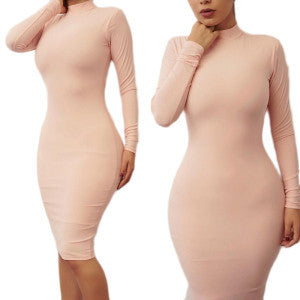 Women's Slim Fashion Europe Style High Neck Clubwear Night Wear Bodycon solid sheath Dresses
