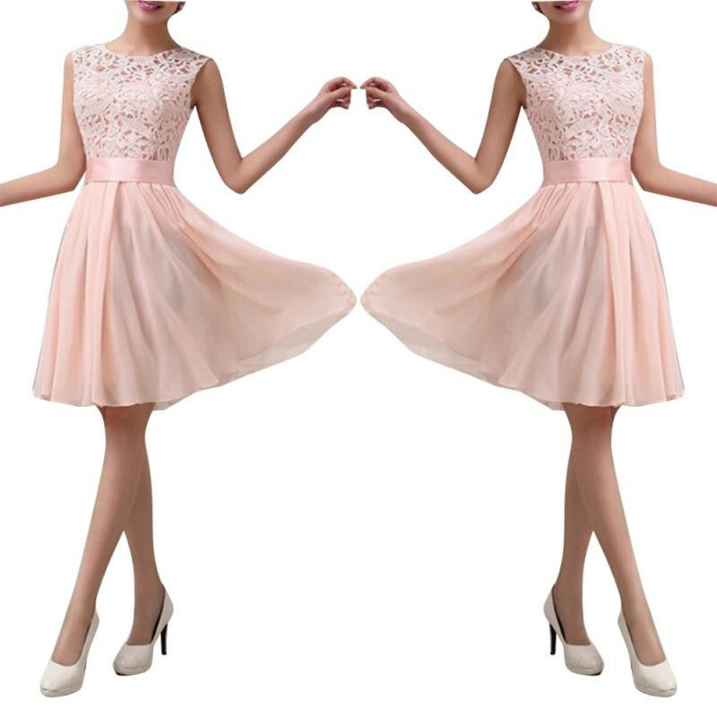 Women Lace Chiffon Dress Sleeveless O-neck Knee Length Solid Dress