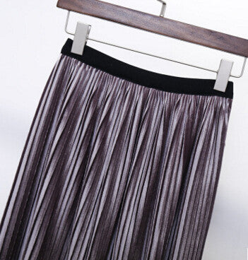 Online discount shop Australia - Fashion Pleated Skirt Retro Skirts High Quality Gold Shiny Pleated Velvet Medium And Long Elastic Waist Free
