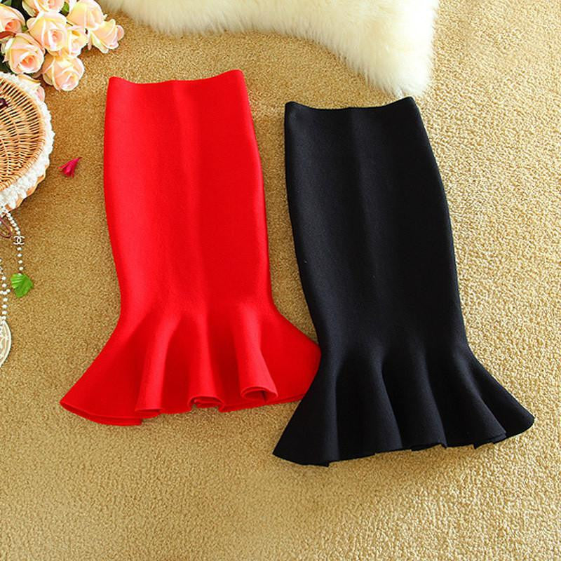 Womens Midi Fish Tail Skirt Fashion Knit Package Hip Midi Skirt Ladies High Waist Flounced Skirts Women Saia