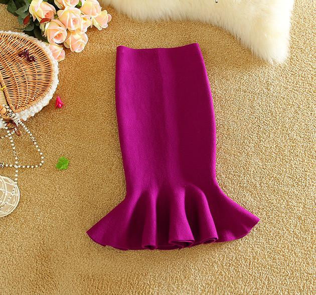 Womens Midi Fish Tail Skirt Fashion Knit Package Hip Midi Skirt Ladies High Waist Flounced Skirts Women Saia