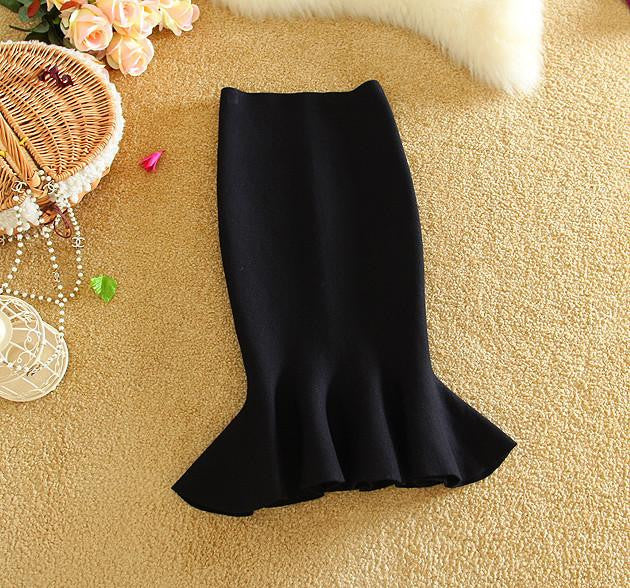 Womens Midi Fish Tail Skirt Fashion Knit Package Hip Midi Skirt Ladies High Waist Flounced Skirts Women Saia