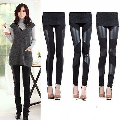 Online discount shop Australia - Fashion Womens Faux Leather Patchwork Black Leggings Pants Slim Trousers Pants