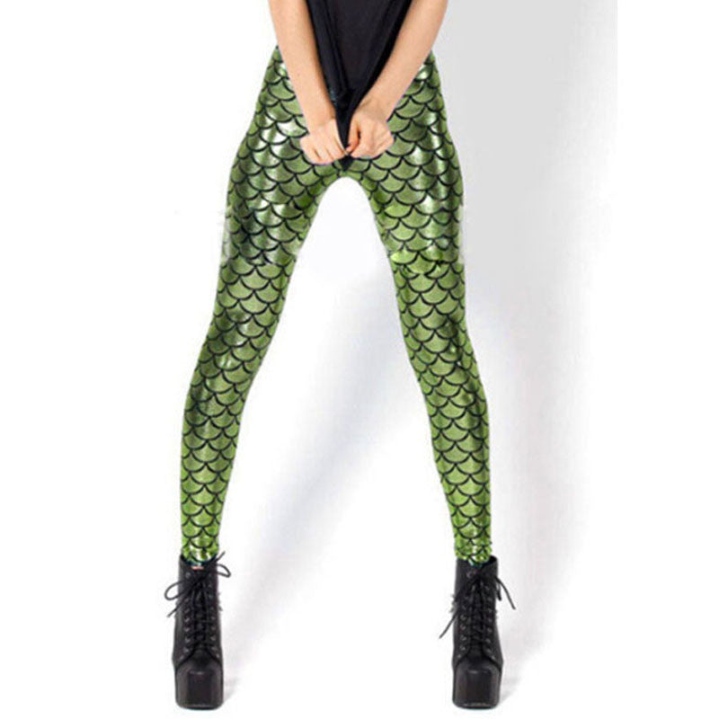 Women Shine Fish Scale Mermaid Printed Leggings Slim High Waist Pencil Pants