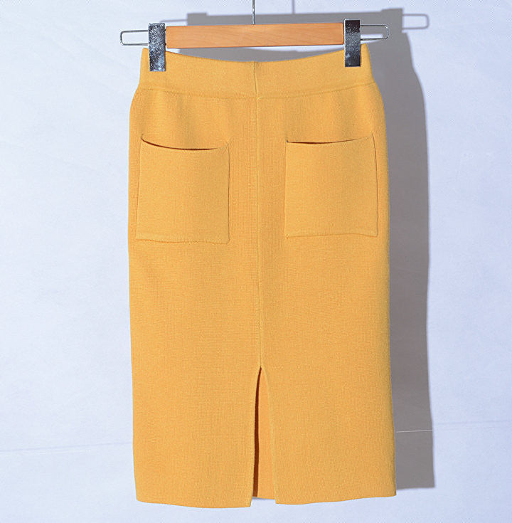 fashion all-match knitted skirt female body slim package hip skirt slit pocket skirt