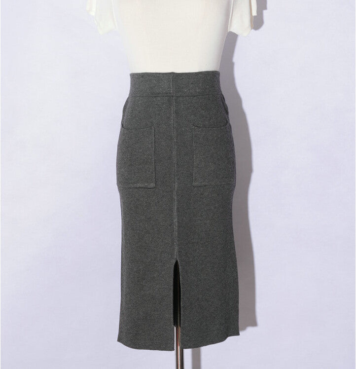 fashion all-match knitted skirt female body slim package hip skirt slit pocket skirt