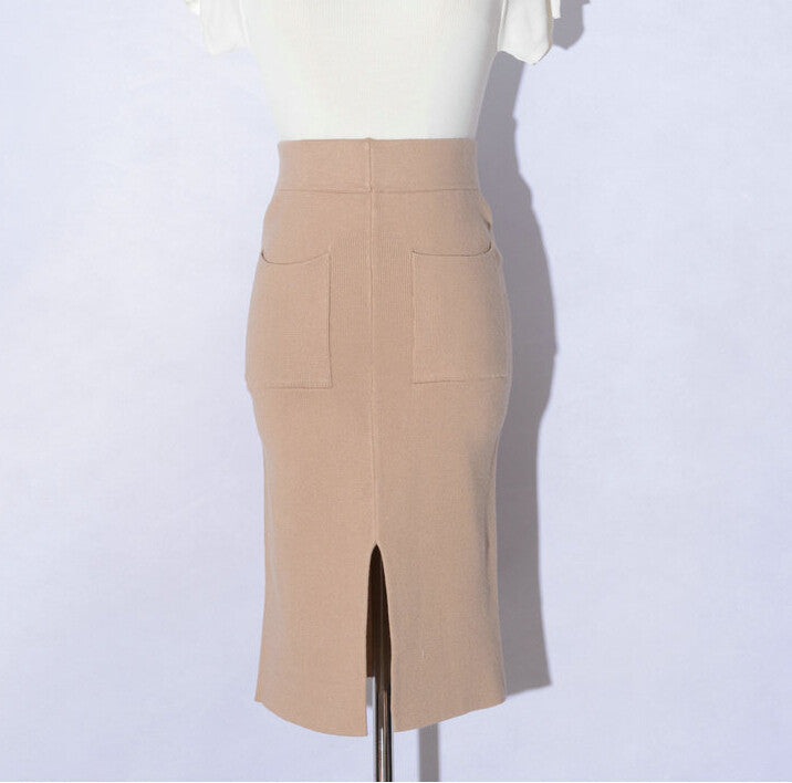 fashion all-match knitted skirt female body slim package hip skirt slit pocket skirt