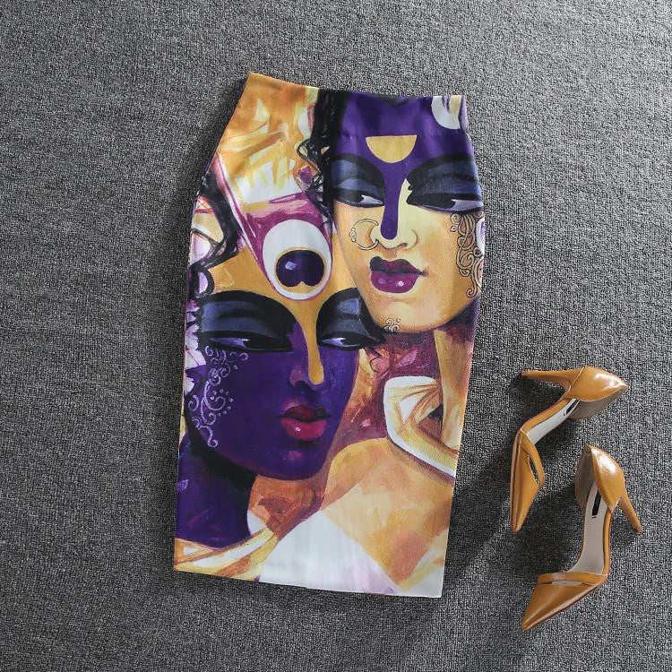 Pencil Midi Skirt Retro Pinup Cartoon Girls Printed Skirt Elegant High Office Lady Work Wear Skirts