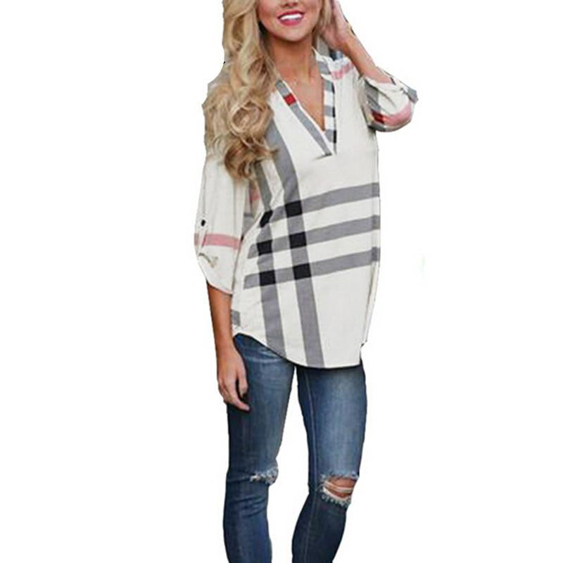 Online discount shop Australia - Women White Blouse Shirt V-neck Three Quarter Sleeve Casual Plaid Shirt
