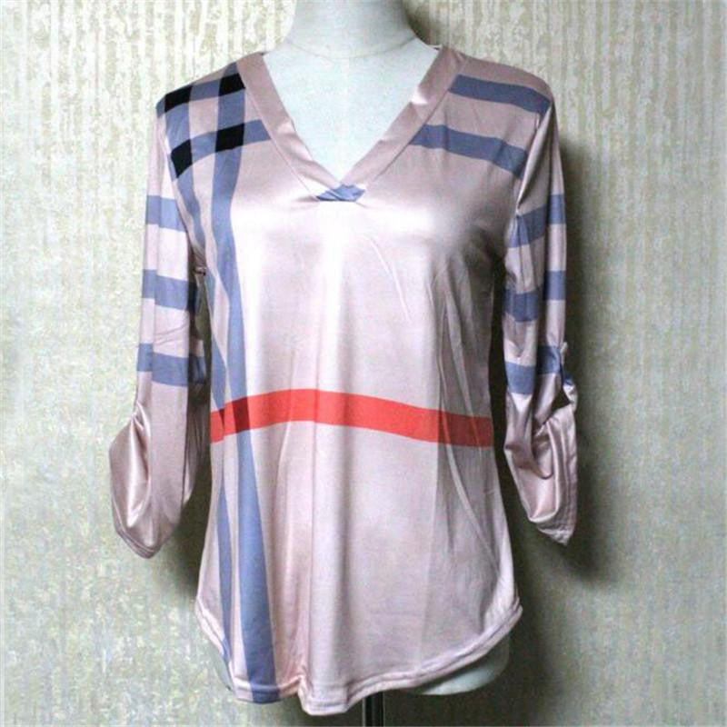 Online discount shop Australia - Women White Blouse Shirt V-neck Three Quarter Sleeve Casual Plaid Shirt