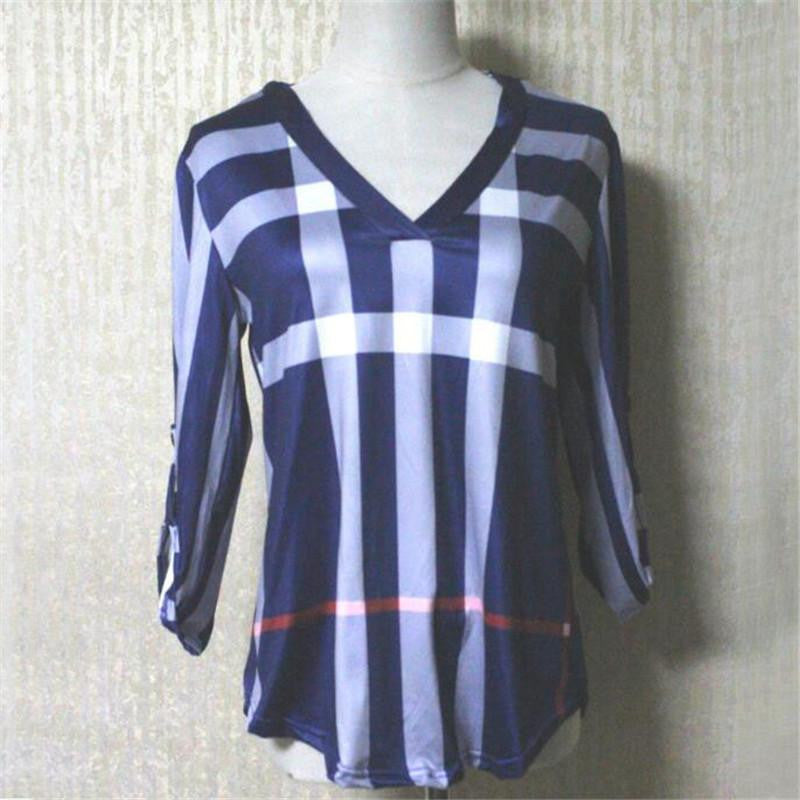 Online discount shop Australia - Women White Blouse Shirt V-neck Three Quarter Sleeve Casual Plaid Shirt