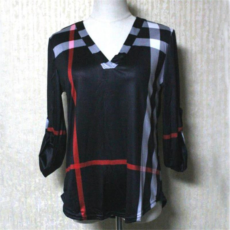Online discount shop Australia - Women White Blouse Shirt V-neck Three Quarter Sleeve Casual Plaid Shirt