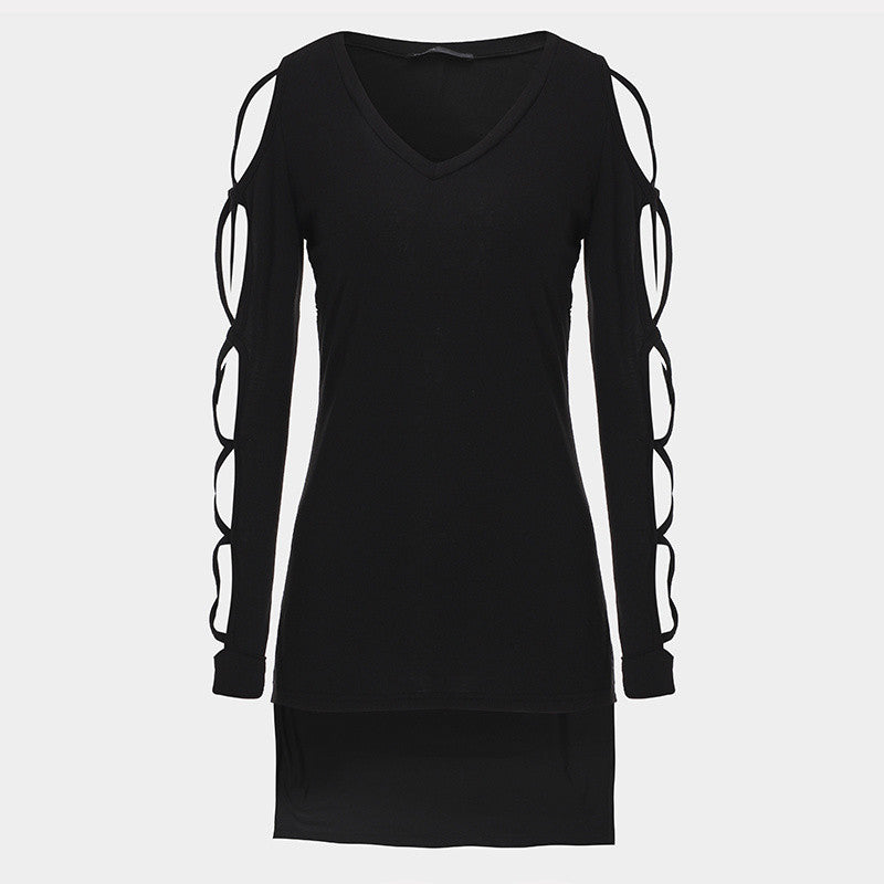 Women Hollow Out Long Sleeve V neck Irregular Split Top Long Plus Size