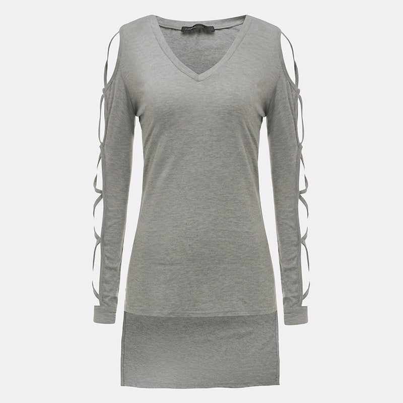 Women Hollow Out Long Sleeve V neck Irregular Split Top Long Plus Size