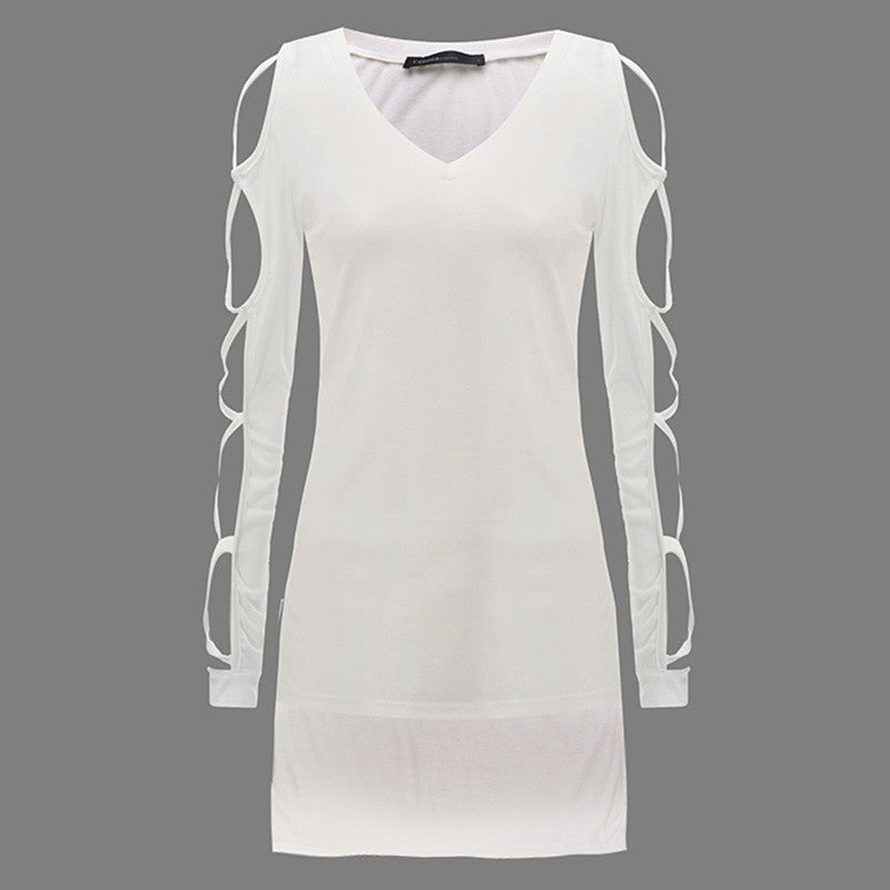 Women Hollow Out Long Sleeve V neck Irregular Split Top Long Plus Size