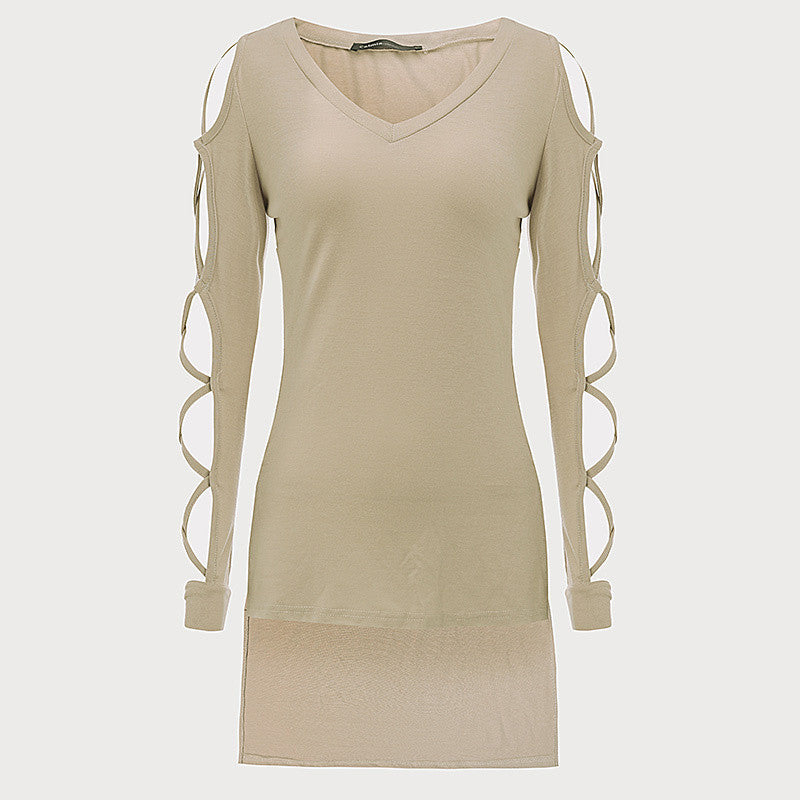 Women Hollow Out Long Sleeve V neck Irregular Split Top Long Plus Size