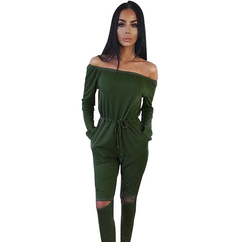 Women Jumpsuit bodysuit women Slash neck Dew shoulder Long sleeve Rompers womens jumpsuit
