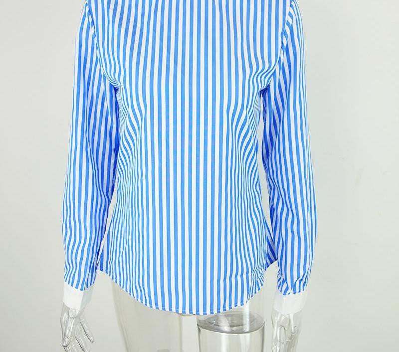 backless blue striped women blouses casual long sleeve girls blouse Hollow out o neck bow