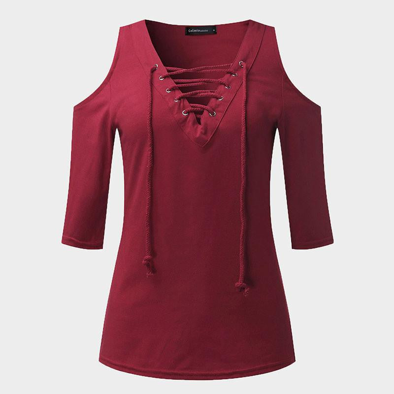 Women Casual Lace Up V neck Blouse Off Shoulder Half Sleeve Slim Tops Plus Size White Gray Shirts