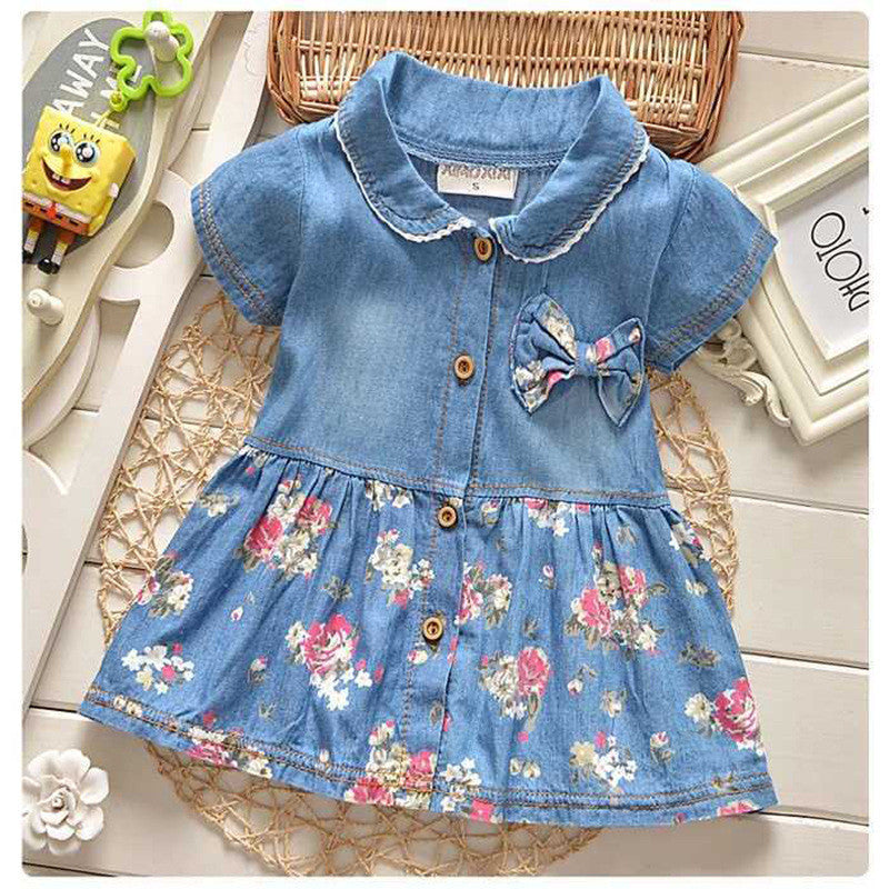 Online discount shop Australia - Children girls flower dress coat baby girls cute bow denim dress kid lapel fashion dress outfits