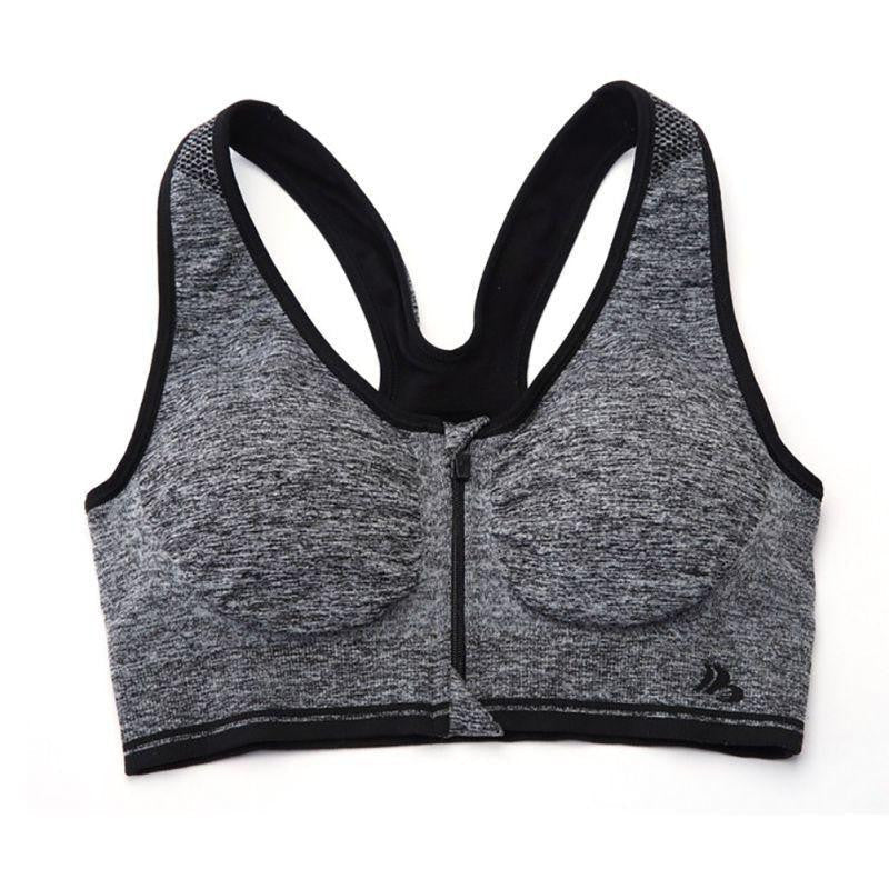 Women Solid Color Seamless Workout Front Zip Racerback Fitness Stretch Bra Top
