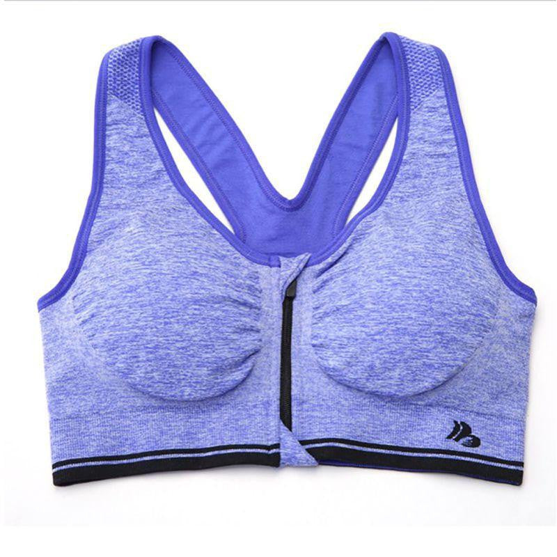 Women Solid Color Seamless Workout Front Zip Racerback Fitness Stretch Bra Top