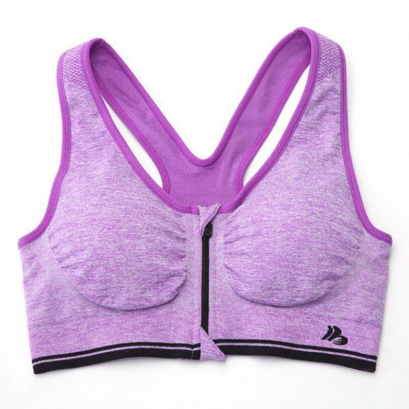 Women Solid Color Seamless Workout Front Zip Racerback Fitness Stretch Bra Top