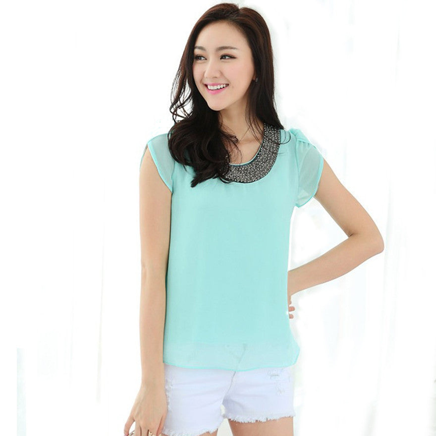 Online discount shop Australia - Exclusive 9 Color S-4XL New Women Loose Big size chiffon casual Blouse/Beading O-neck Pullover Costume shirt