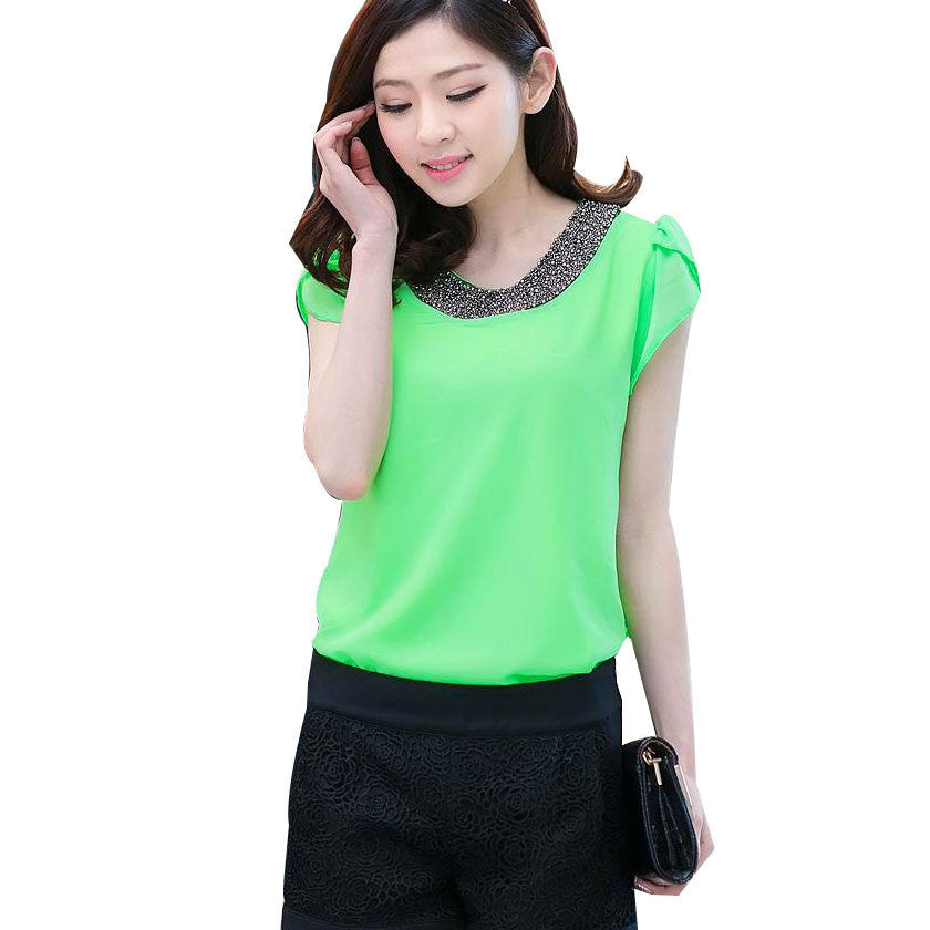 Online discount shop Australia - Exclusive 9 Color S-4XL New Women Loose Big size chiffon casual Blouse/Beading O-neck Pullover Costume shirt