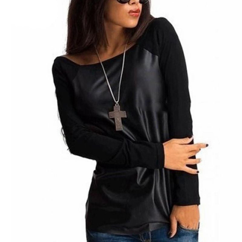Online discount shop Australia - Fashion Casual Long Sleeve PU Leather Patchwork Women Blouses Contrast Color Slim Shirts