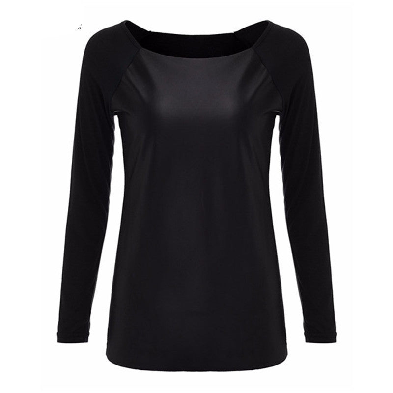 Online discount shop Australia - Fashion Casual Long Sleeve PU Leather Patchwork Women Blouses Contrast Color Slim Shirts