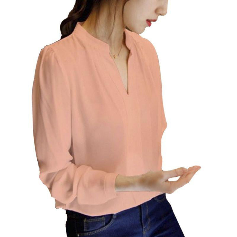 Women Chiffon Shirt Blouse Ladies White Pink Elegant V-neck Long Sleeve Shirts Female Office Shirt Plus Size