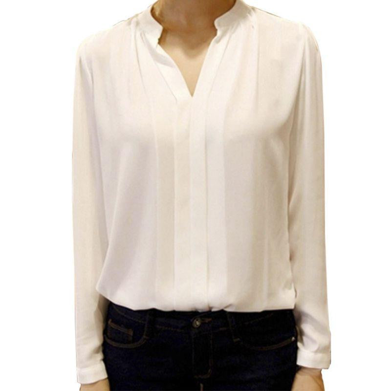 Women Chiffon Shirt Blouse Ladies White Pink Elegant V-neck Long Sleeve Shirts Female Office Shirt Plus Size