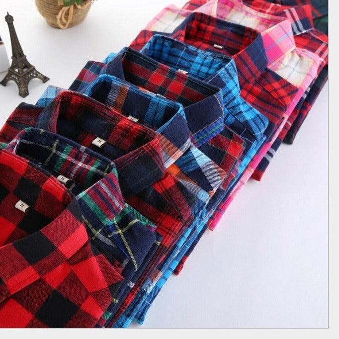 Plaid Shirt Female College style women's Blouses Long Sleeve Flannel Shirt Cotton Office tops