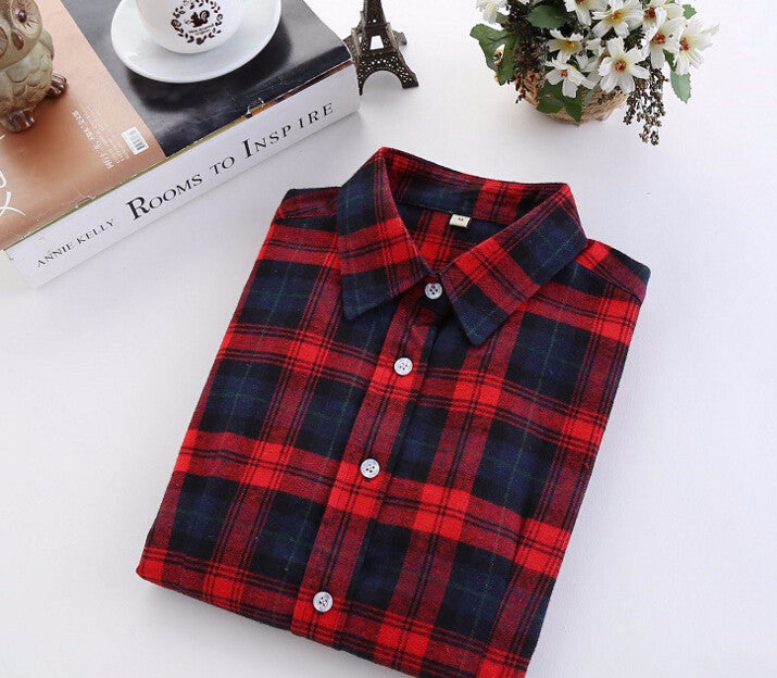 Plaid Shirt Female College style women's Blouses Long Sleeve Flannel Shirt Cotton Office tops