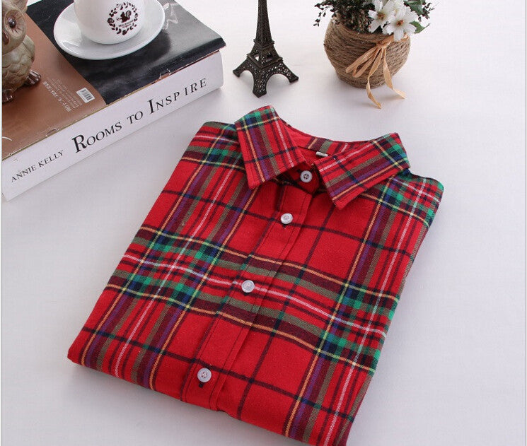 Plaid Shirt Female College style women's Blouses Long Sleeve Flannel Shirt Cotton Office tops