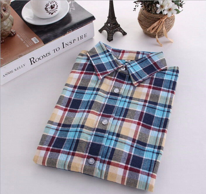 Plaid Shirt Female College style women's Blouses Long Sleeve Flannel Shirt Cotton Office tops