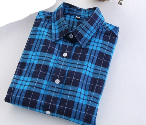 Plaid Shirt Female College style women's Blouses Long Sleeve Flannel Shirt Cotton Office tops