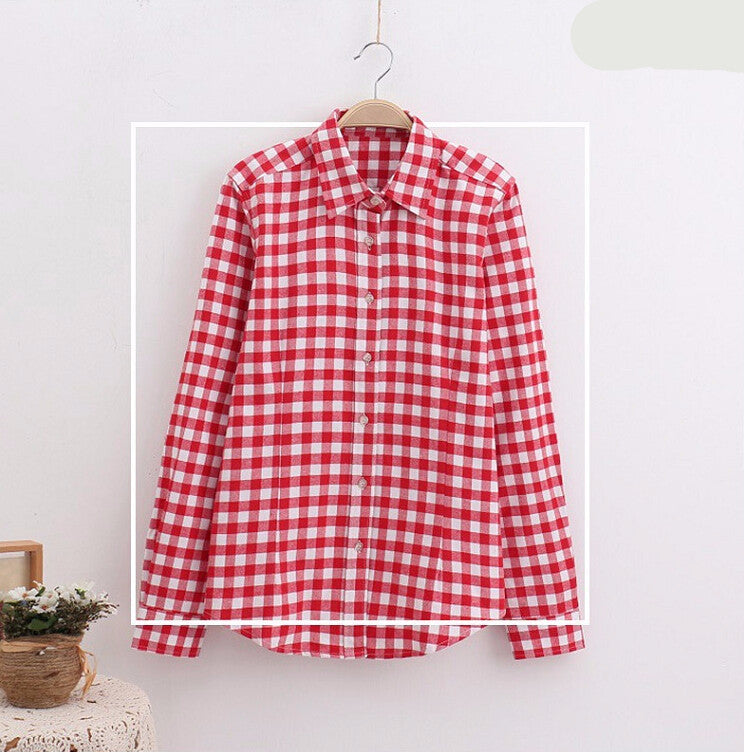 Plaid Shirt Female College style women's Blouses Long Sleeve Flannel Shirt Cotton Office tops