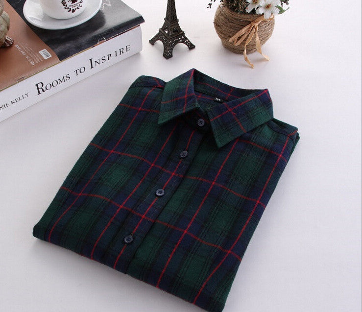Plaid Shirt Female College style women's Blouses Long Sleeve Flannel Shirt Cotton Office tops