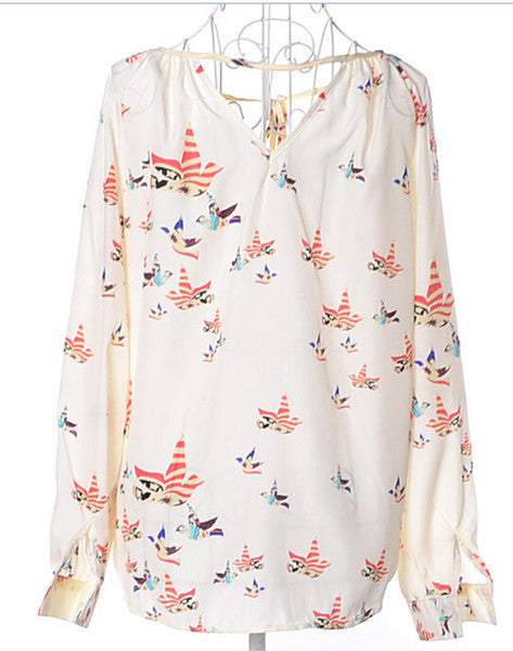 Elegant Women Floral Print Blouse V-neck Casual Vintage Shirts Chiffon Blouses Tops H2155