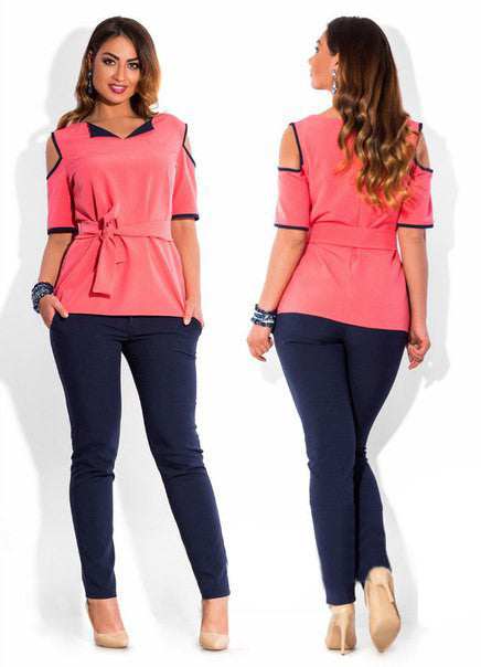 Online discount shop Australia - Fashion plus size women Blouse Casual Turn-down Collar Half Sleeves Sashes Solid Shirts