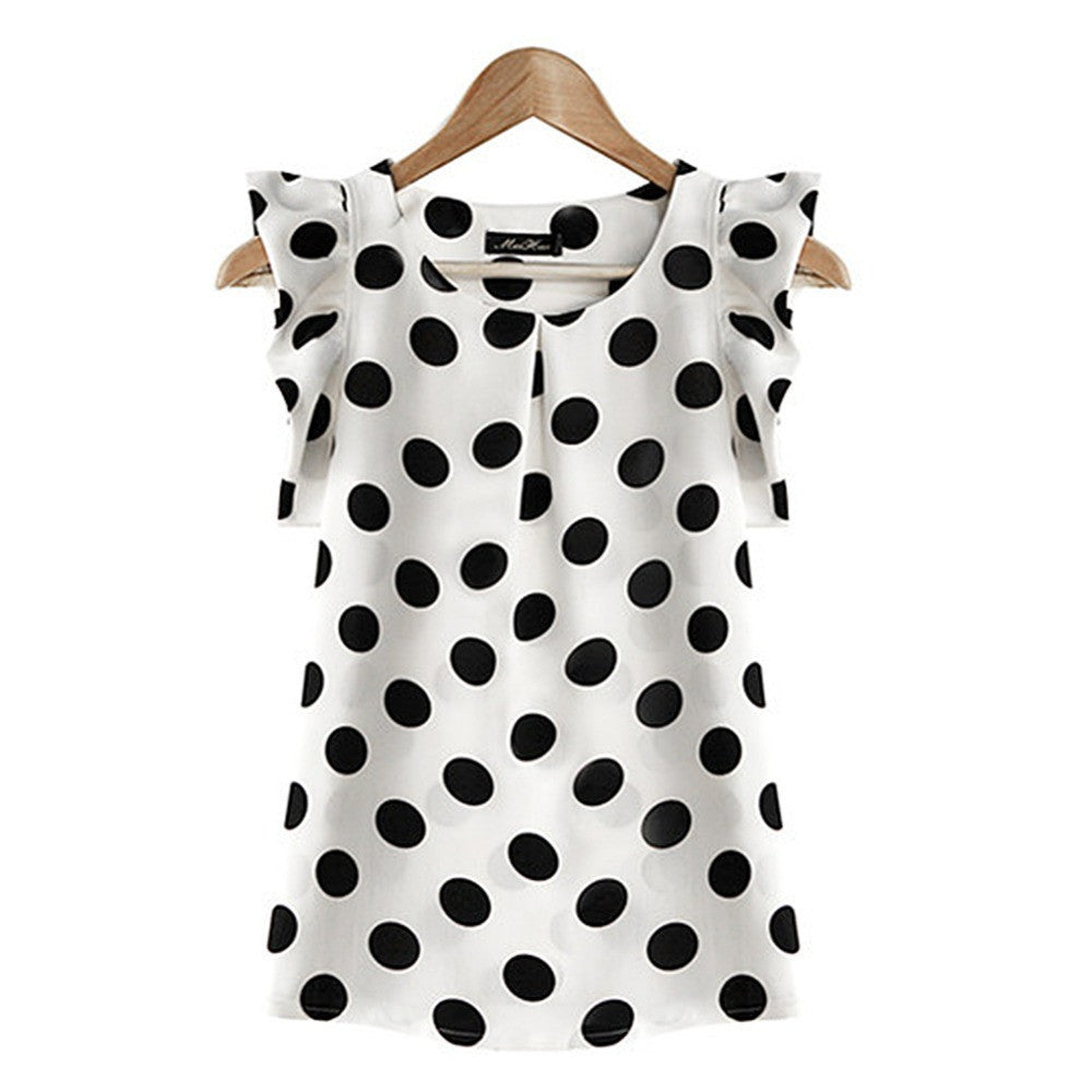 Women Printed Polka Dot Casual Chiffon Blouse Short Sleeve Shirt Tops Vestidos