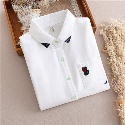 Online discount shop Australia - Cotton Blouse female cat koala cartoon Lapel embroidered tops white long sleeve shirt