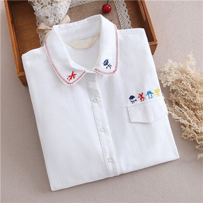 Online discount shop Australia - Cotton Blouse female cat koala cartoon Lapel embroidered tops white long sleeve shirt