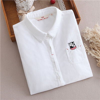 Online discount shop Australia - Cotton Blouse female cat koala cartoon Lapel embroidered tops white long sleeve shirt