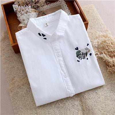 Online discount shop Australia - Cotton Blouse female cat koala cartoon Lapel embroidered tops white long sleeve shirt