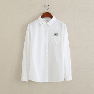 Online discount shop Australia - Cotton Blouse female cat koala cartoon Lapel embroidered tops white long sleeve shirt