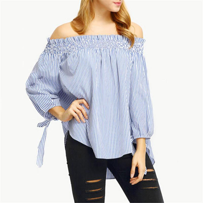 Women Off Shoulder Slash Neck Striped Casual Slim Bow Blouse Tops Plus Size Party Shirts